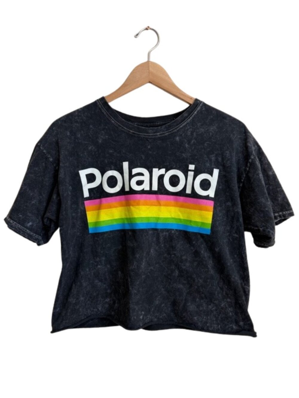 Polaroid Rainbow Logo Acid Wash Crop Top Vintage Graphic Tee Y2K Retro Large